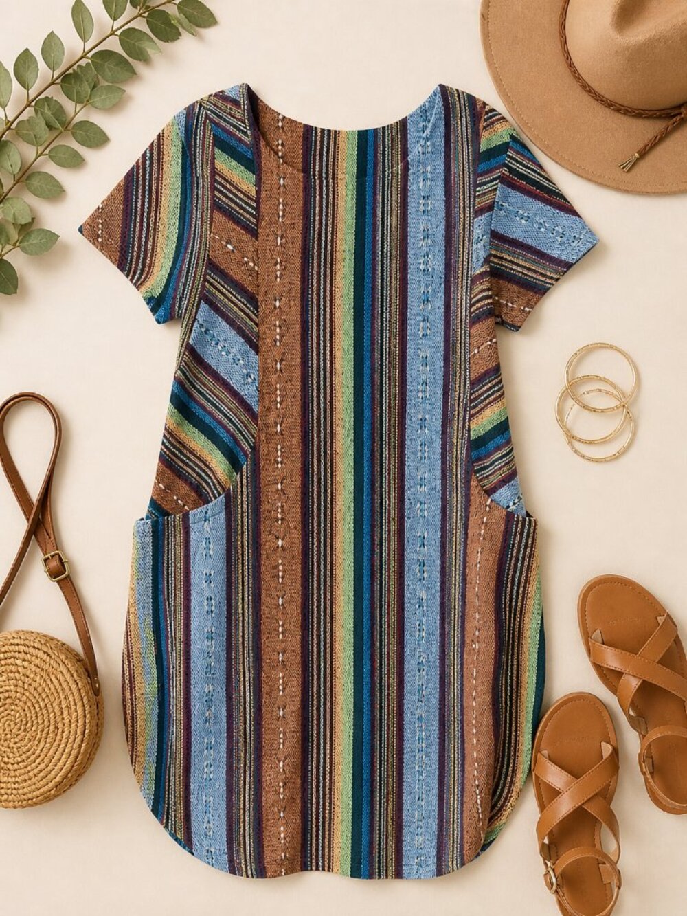 Boho Striped Knit Dress Tunic Open Back Thick Textured Large